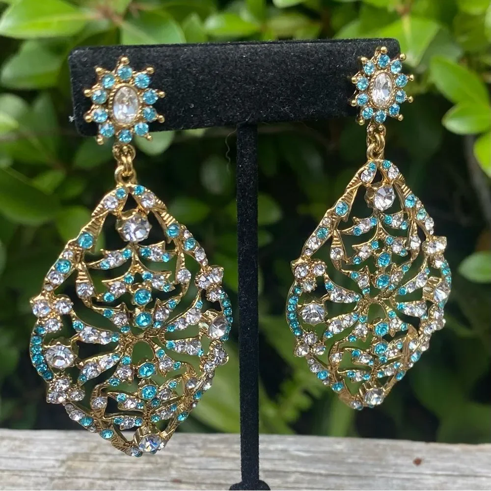 Gold & Blue Sparkly Rhinestone Dangle Statement Post Earrings Date Night Party